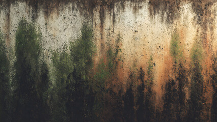 Textured clay wall with moss streaks, watercolor brush textures in muted earthy tones, artistic vector representation