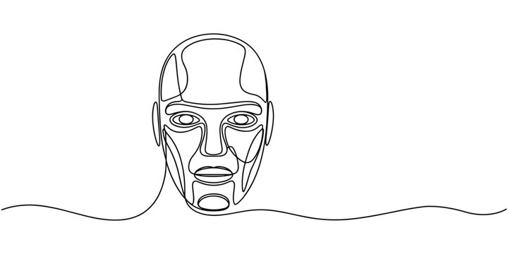 Robotic head continuous one line drawing, Futuristic robot head outline with circuit connections in minimalist style, no editable stroke, Robotic head continuous one line drawing, AI style.