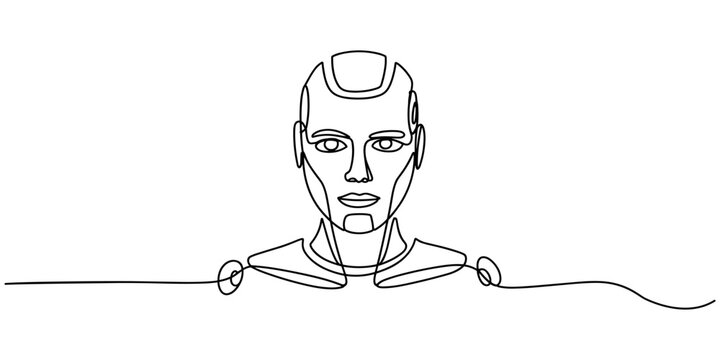 Robotic head continuous one line drawing, Futuristic robot head outline with circuit connections in minimalist style, no editable stroke, Robotic head continuous one line drawing, AI style.
