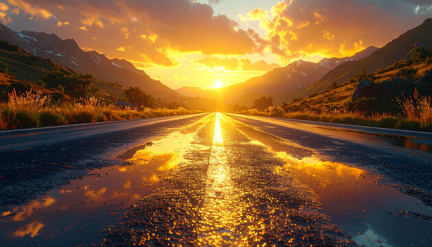 Road to sunset scenic landscape