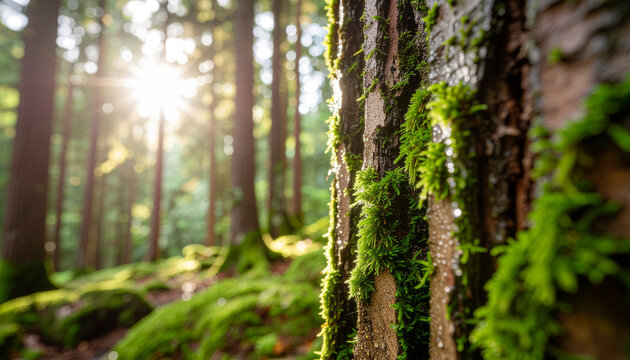 Sunlit forest scene with mossy tree trunk