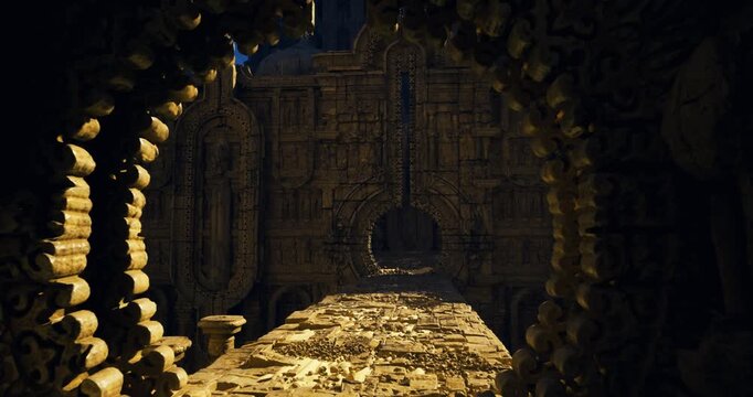 arched entry framing golden floor and distant vault, layered foreground arch creates depth, warm highlights pick out textured reliefs, mood of secret approach