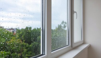 Fototapeta premium Window with rain drops and green outside
