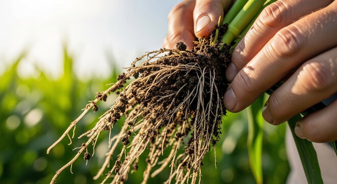 Close up farmer examining corn roots in fertile agricultural field, studying plant health and early crop development.