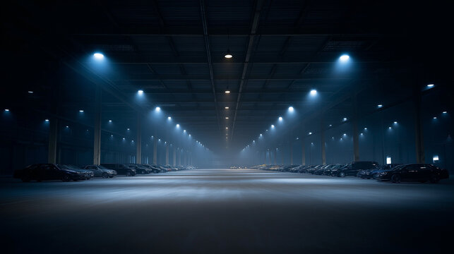 succinct. A vast, empty warehouse with rows of dust-covered vehicles under dim industrial lighting. mobility guides, transit brochures, designed for mobility and urban transit guides.