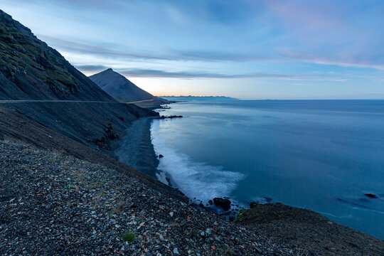 Ocean unfolds beneath the open sky across Eastern Iceland, 30 seconds long exposure