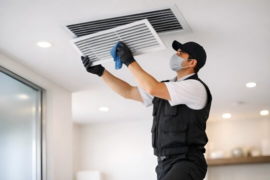 Professional Technician Cleaning Air Vent in Modern Office, Ultra-Realistic Commercial Scene