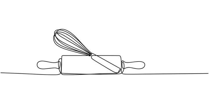 Whisk and rolling pin kitchen utensils vector one line continuous drawing illustration. Hand drawn linear cooking icon. Minimal outline design element, print,