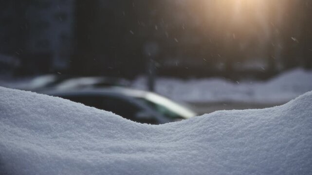 Winter City Scene. Snowcovered Parking Lot Ambiance. Nighttime Urban Setting With Snowfall And Lights