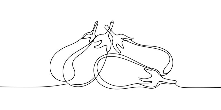 Self  continuous one line drawing of eggplant. self drawing of continuous line draw of whole and sliced healthy organic eggplant for market.