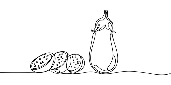 Self  continuous one line drawing of eggplant. self drawing of continuous line draw of whole and sliced healthy organic eggplant for market.