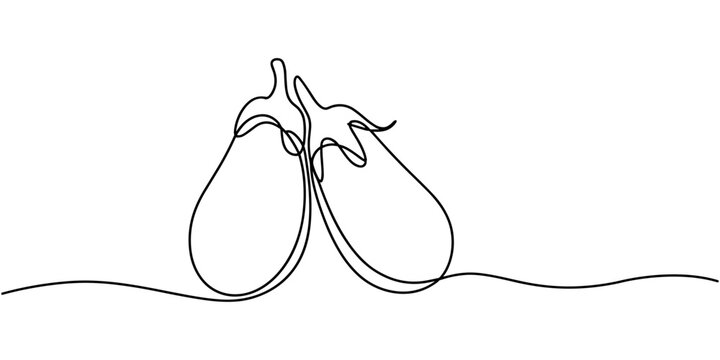 Self  continuous one line drawing of eggplant. self drawing of continuous line draw of whole and sliced healthy organic eggplant for market.