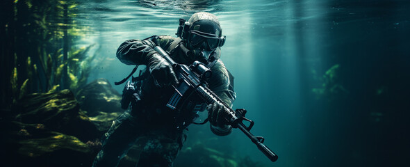Obraz premium A portrait showcases a soldier in tactical gear against a backdrop of intense smoke effects