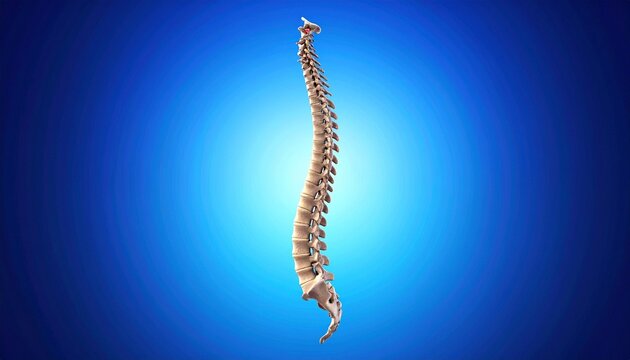 Human spine anatomy illustration showing vertebral column detailed structure side view medical concept blue gradient background orthopedic healthcare visualization