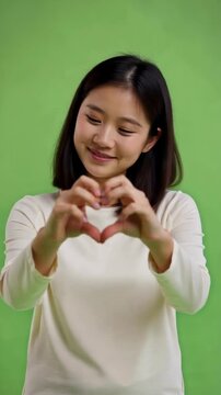 Asian young adult woman on green screen forms a heart shape with her hands and looks into it with dreamy affection for love kindness or romantic reaction scenesasian woman