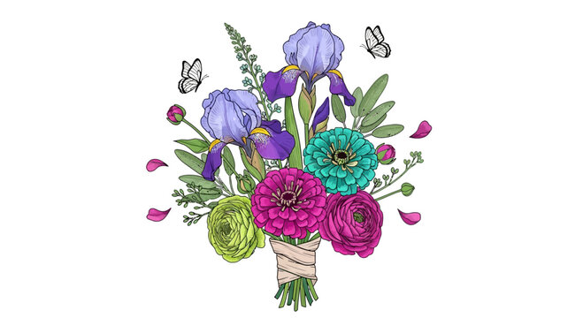 Vibrant floral bouquet illustration with irises zinnias and butterflies on white