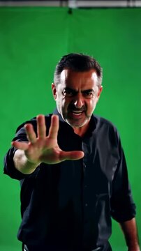 Middle Eastern middle aged man on green screen hooks his fingers and beckons with a fierce challenge for confrontation competition or heated argument scenesarab man