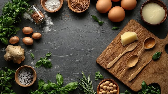 Overhead shot showcasing fresh ingredients, herbs, and culinary tools on dark surface