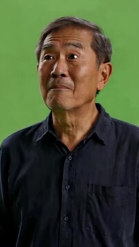 Asian elderly man on green screen rolls his eyes upward in tired disbelief as if saying here we go again without wordsasian man