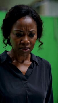 Black middle aged woman on green screen strikes her chest with frustration and stares downward in wounded outrage for blame or emotional protestcold anger