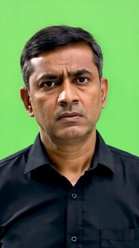 South Asian middle aged man on green screen lifts one finger with stern warning and slow disapproving nod for serious correction or caution scenesindian man