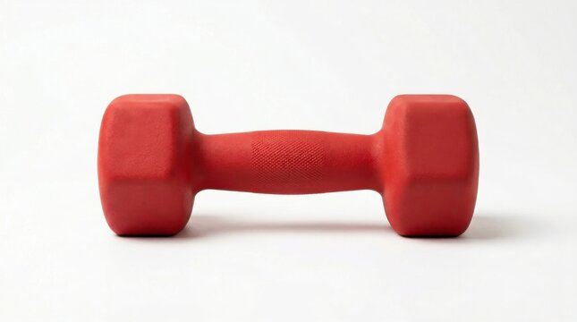A single red dumbbell rests on a clean white background, symbolizing fitness and strength training in a minimalist, studio setting.