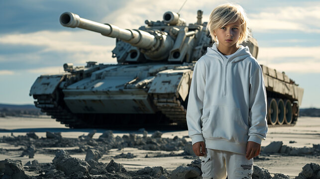 a warrior in a white suit standing by a tank