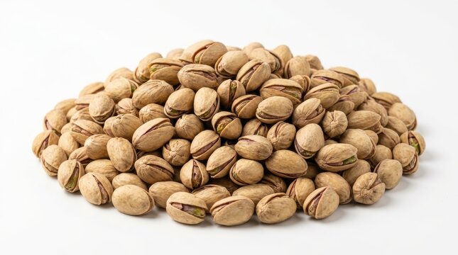 A large pile of unshelled pistachios is artfully arranged on a clean white background, showcasing their natural texture and earthy tones in a bright studio shot.