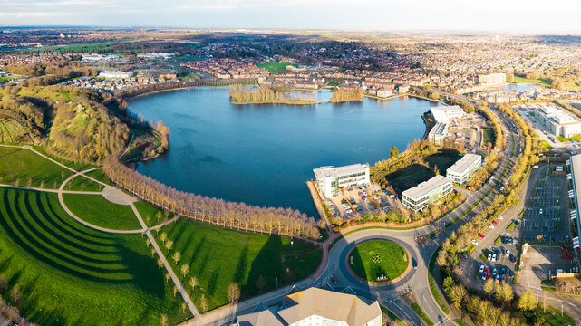 Aerial view of the lake and surrounding area at Lakeside Village in Doncaster, South Yorkshire, UK