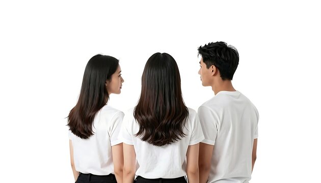 three people with their backs to the camera. All of them are wearing white T-shirts. The background is white.