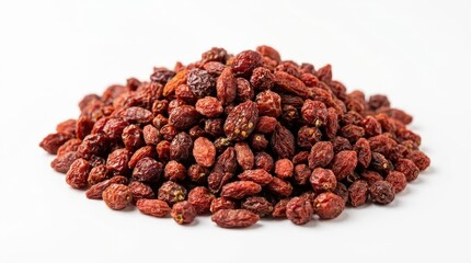 Obraz premium A pile of dried goji berries, rich in antioxidants, is presented in a studio shot with a clean white background and soft lighting, highlighting their deep red color and natural texture.
