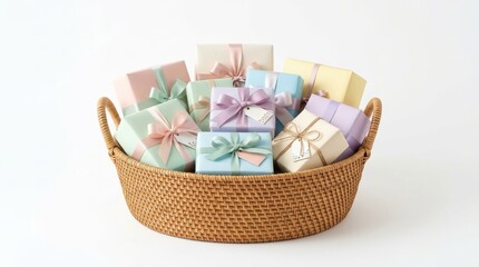 Obraz premium A woven basket overflowing with pastel-colored gift boxes tied with ribbons, presented in a bright, clean studio setting for celebrations.