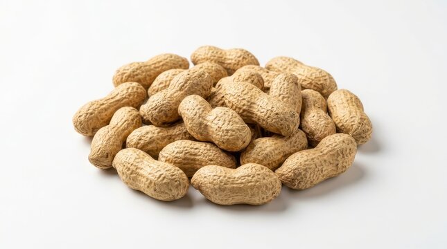 A pile of unshelled peanuts with textured brown shells is artfully arranged on a clean white background, highlighting their natural earthy tones.