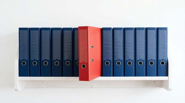 A distinctive red folder stands out amidst a row of blue folders on a shelf