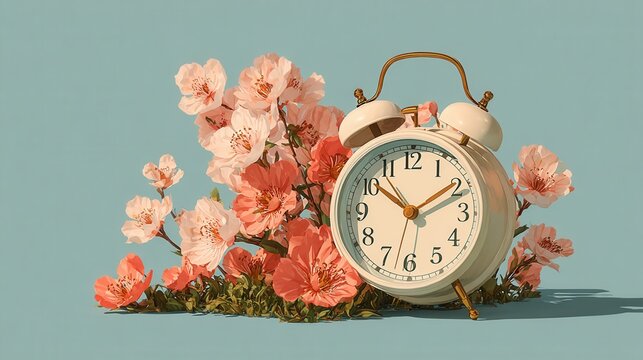 forward spring clock vector with flowers and petals decorating the clock, calendar date reminder, seasonal and decorative illustration