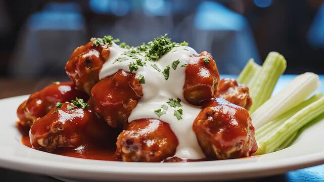 A plate of spicy buffalo chicken wings coated in red hot sauce, topped with creamy blue cheese dressing and fresh parsley, served with celery sticks on a white plate with steam.