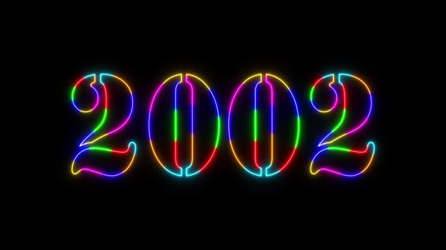 Abstract 2002 neon colourful text animation ,For neon colourful Glowing neon number text background 4k video animation .Digital font against a dark background with neon line looping animation.
