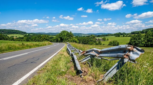 An open road, with a broken guardrail, weaving its way through a scenic landscape, under a bright blue sky.