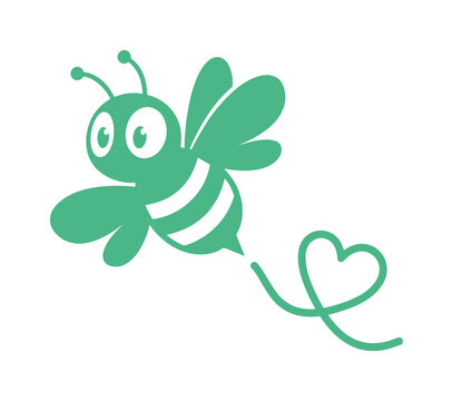 Cute green flying bee vector illustration, adorable cartoon insect with heart-shaped trail, charming nature-inspired graphic for children's designs