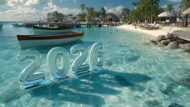 Silver 2026 foil balloon floating in a clear shallow sea in a modern 3d style.