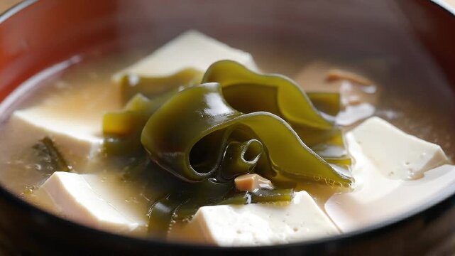Macro close up of traditional japanese miso soup in a bowl with tofu and seaweed