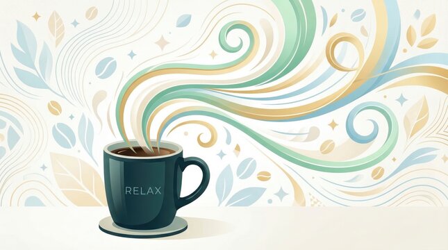 Artistic Coffee Mug with Swirling Abstract Steam and Relax Text