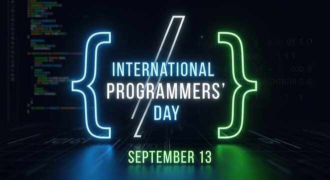 Neon International Programmers' Day celebration with glowing code and date on dark background