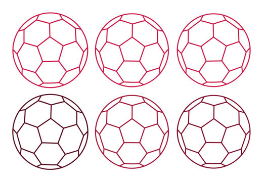 Geometric soccer ball vector set, six modern football illustrations with hexagonal and pentagonal patterns, minimalist sports equipment graphics for web and print design.