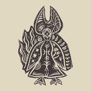 Minimalist Slavic Folklore Bird Sirin Linocut Style Alkonost Vector Illustration Clipart