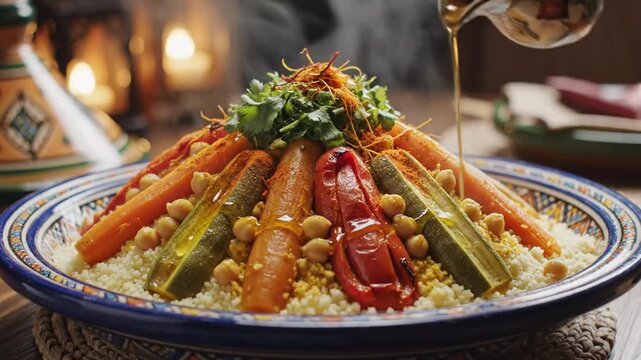 A beautifully presented dish of couscous is garnished with vibrant vegetables, chickpeas, and fresh herbs, creating an appetizing and visually appealing culinary experience