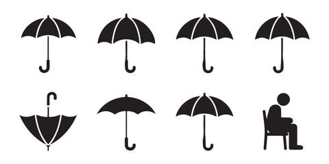Obraz premium Assorted black umbrella icons various styles representing protection from rain and person under shelter safety symbol.