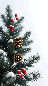 Snow-Covered Pine Branches with Red Berries and Pinecones