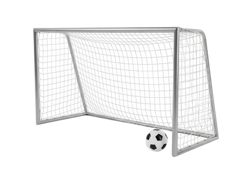A soccer ball positioned in front of a goal net with crossbars and netting
