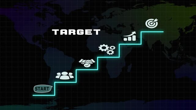 Business target roadmap infographic. Conceptual illustration showing steps to achievement, icons, and global world map background.